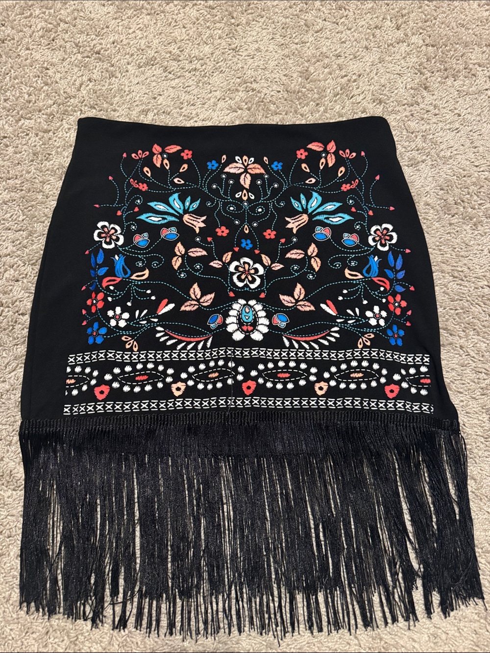 New in bag Embroidered Black Fringe Mini Skirt